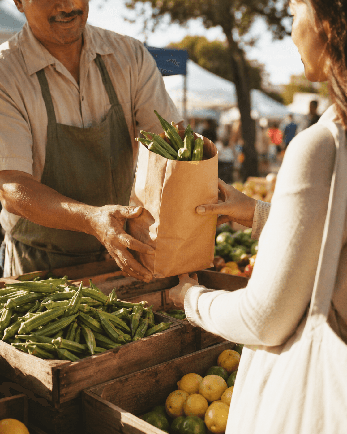 Hands opening a branded OKRA BOOST insulated cooler bag at a customer's doorstep — all five flavors lined up on ice inside